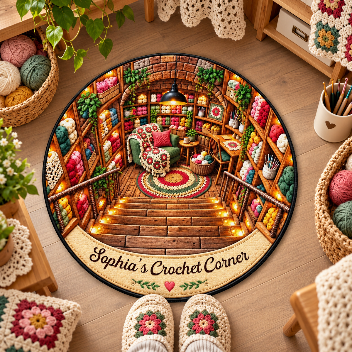My Crochet Corner With Yarn Balls And Cozy Arm Chair - Personalized Custom Shaped Doormat - HAND201_CUDOR