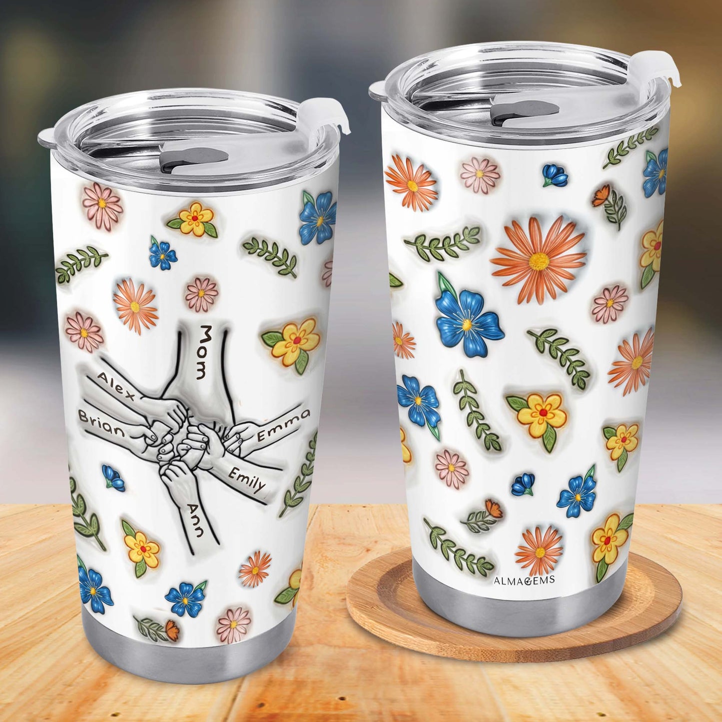 Sosteniendo la mano de mamá Efecto inflado 3D - Vaso de acero inoxidable personalizado 20 oz - TB_FM04