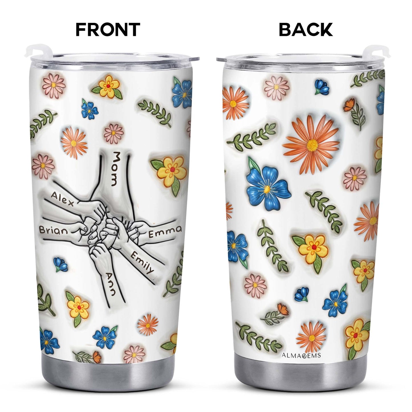 Holding Mom‘s Hand 3D Inflated Effect - Personalized Custom Stainless Steel Tumbler 20oz 30oz - TB_FM04