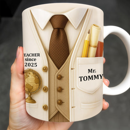 Teacher Since 2025, Suit, Tie, Globe, And Pens Design