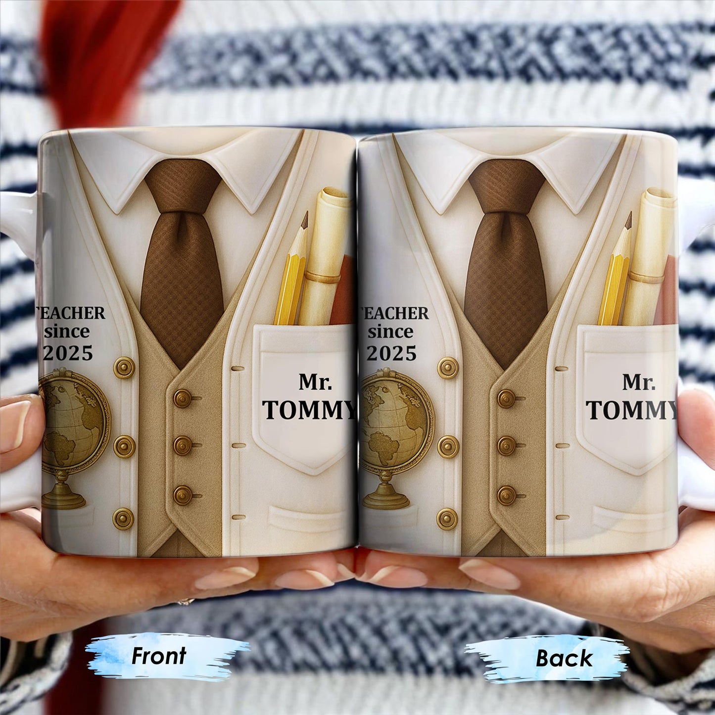 Teacher Since 2025, Suit, Tie, Globe, And Pens Design