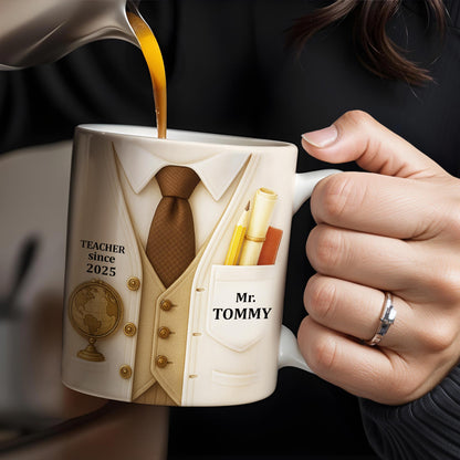 Teacher Since 2025, Suit, Tie, Globe, And Pens Design