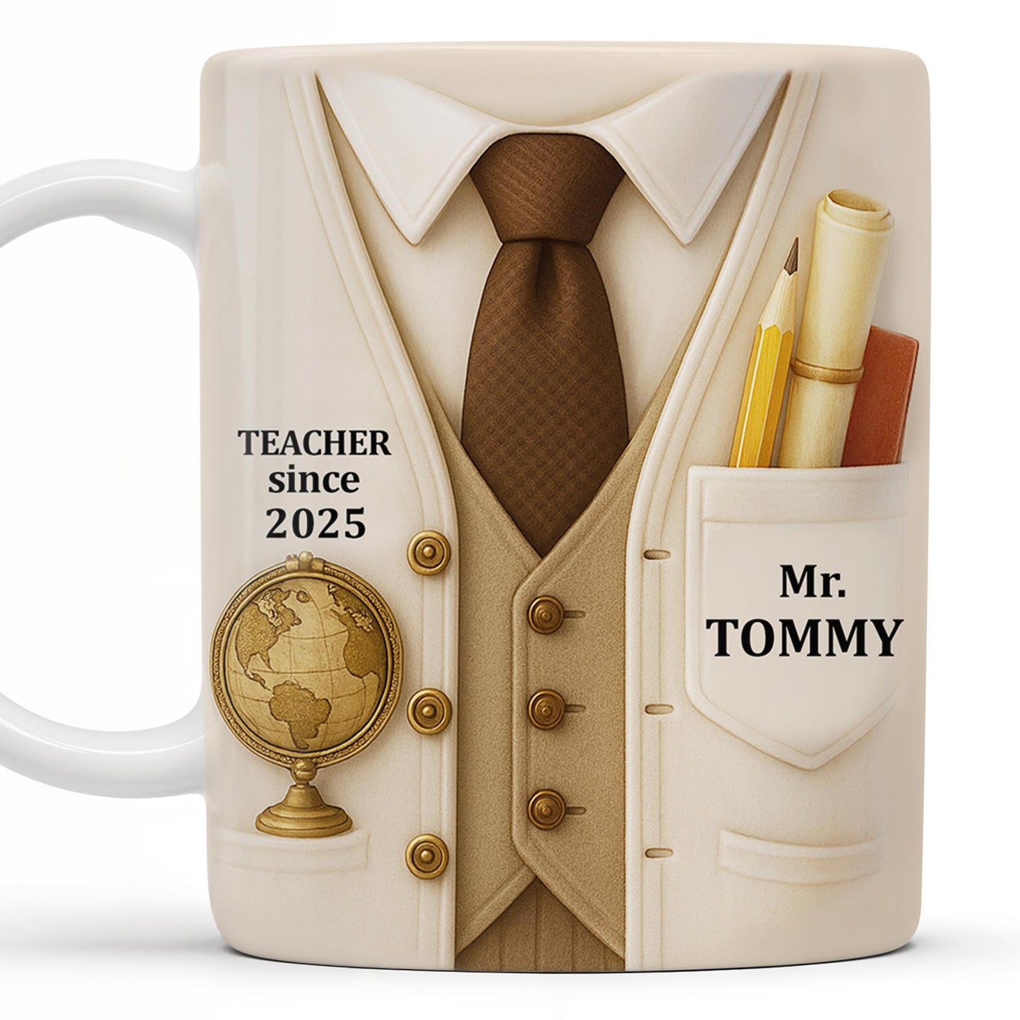 Teacher Since 2025, Suit, Tie, Globe, And Pens Design