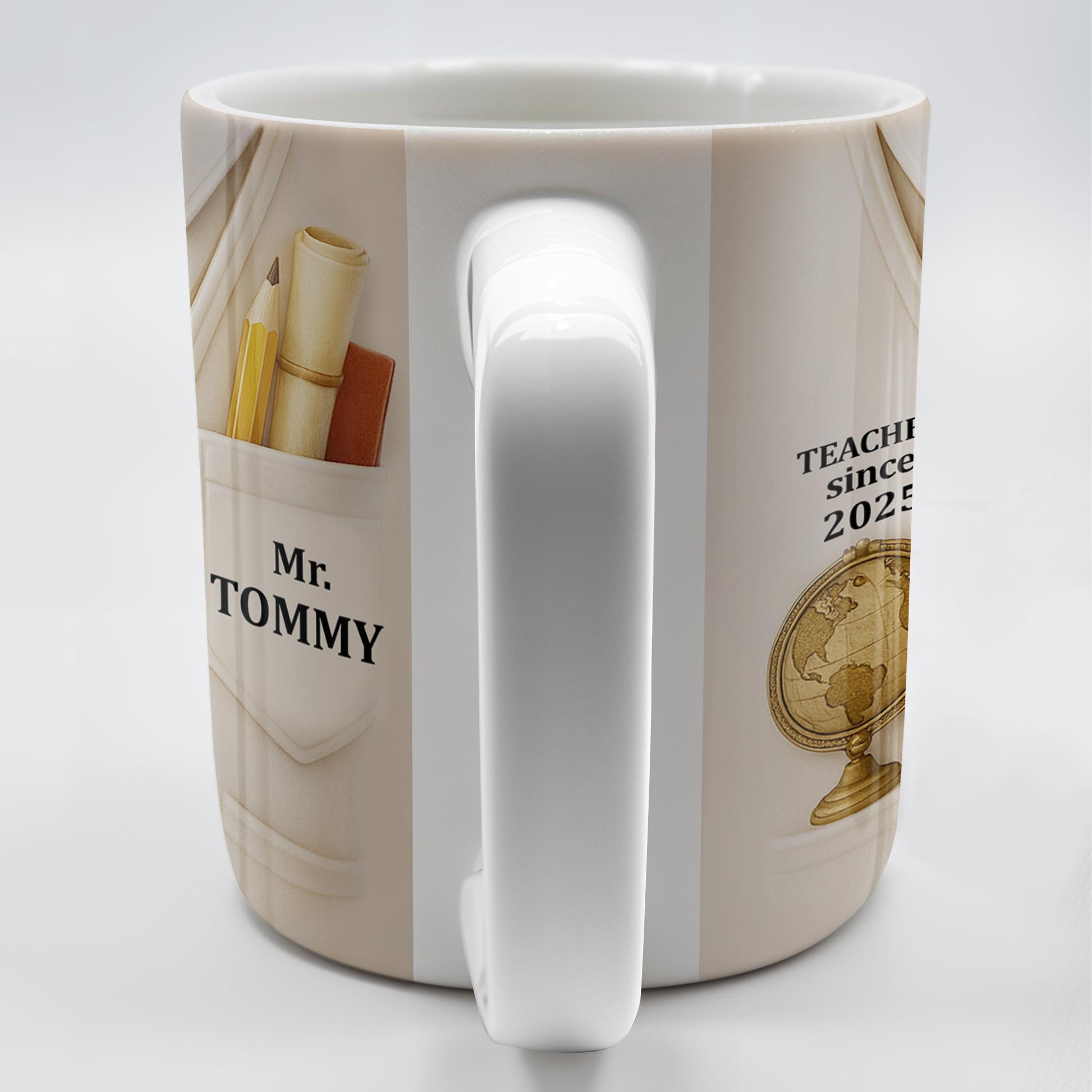 Teacher Since 2025, Suit, Tie, Globe, And Pens Design