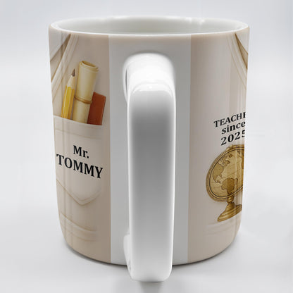 Teacher Since 2025, Suit, Tie, Globe, And Pens Design