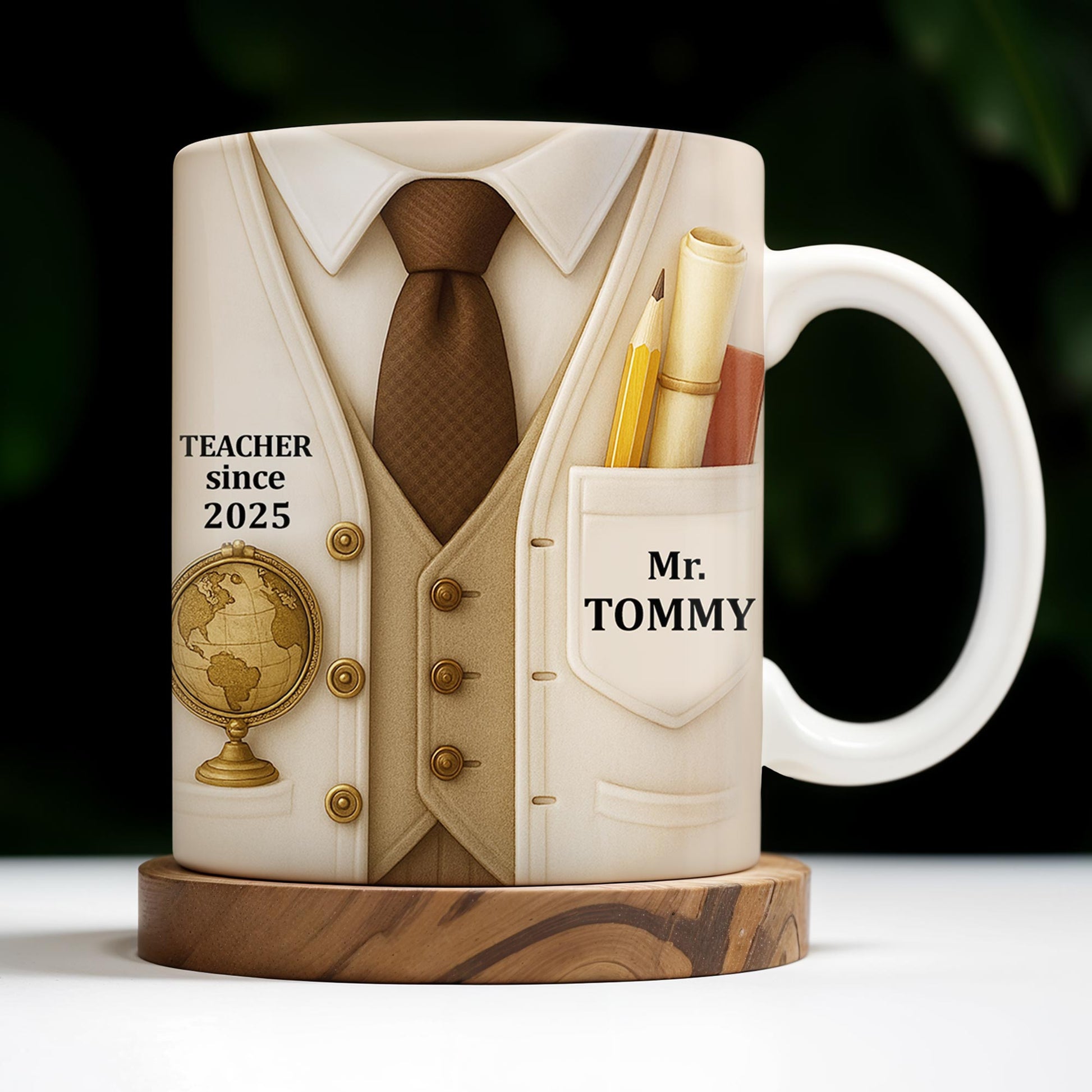 Teacher Since 2025, Suit, Tie, Globe, And Pens Design