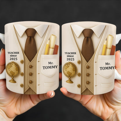 Teacher Since 2025, Suit, Tie, Globe, And Pens Design
