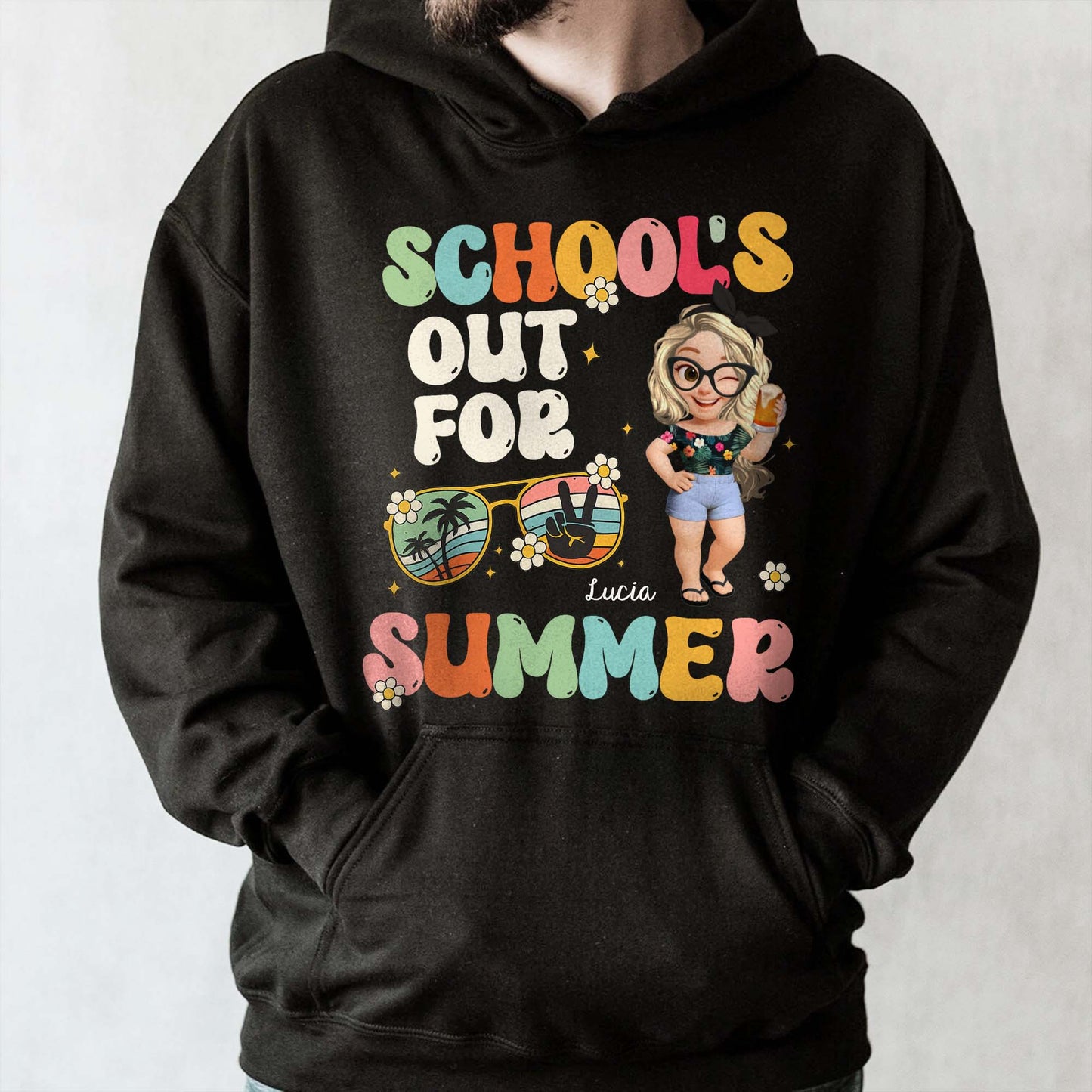 School's Out For Summer With Cartoon and Palm Trees