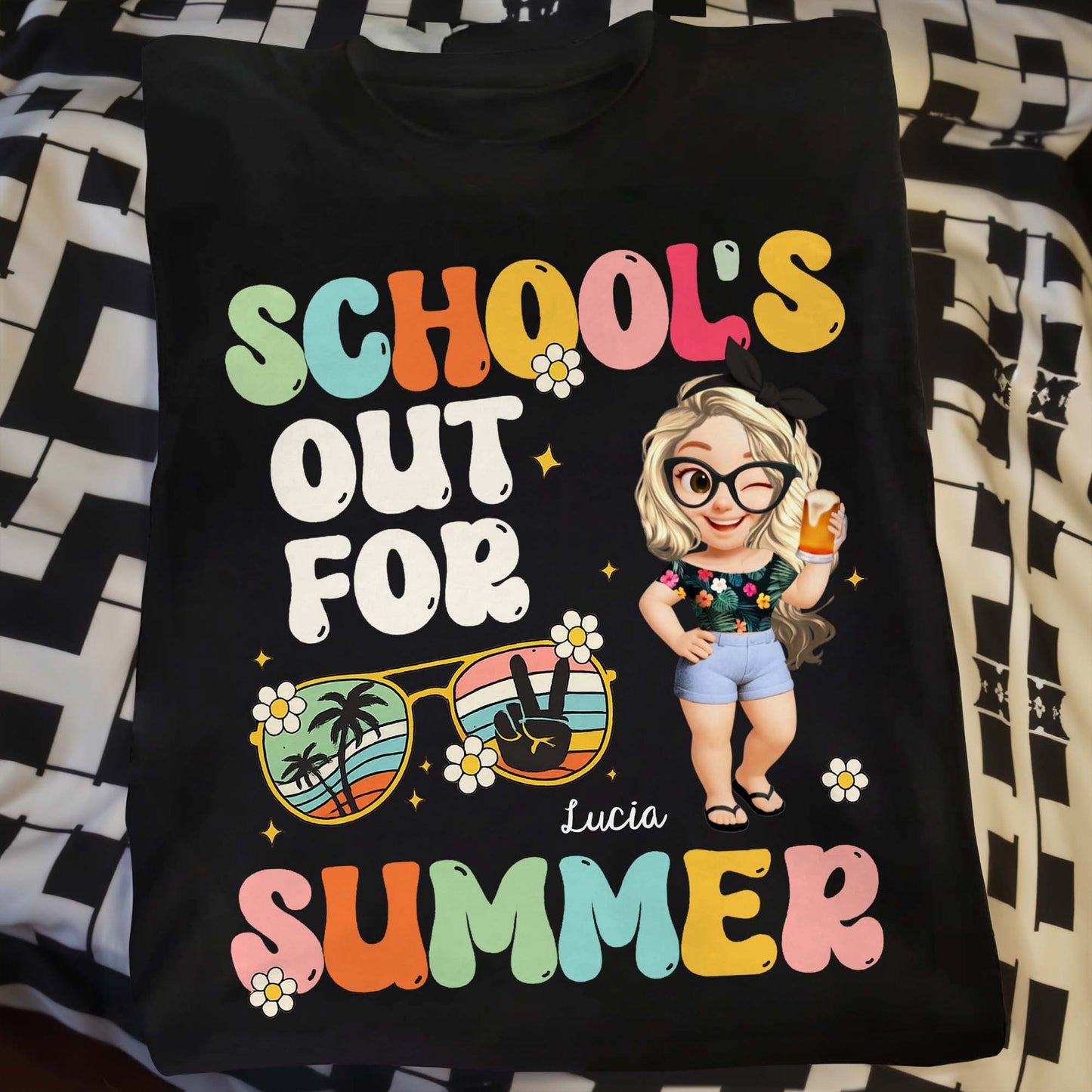 School's Out For Summer With Cartoon and Palm Trees