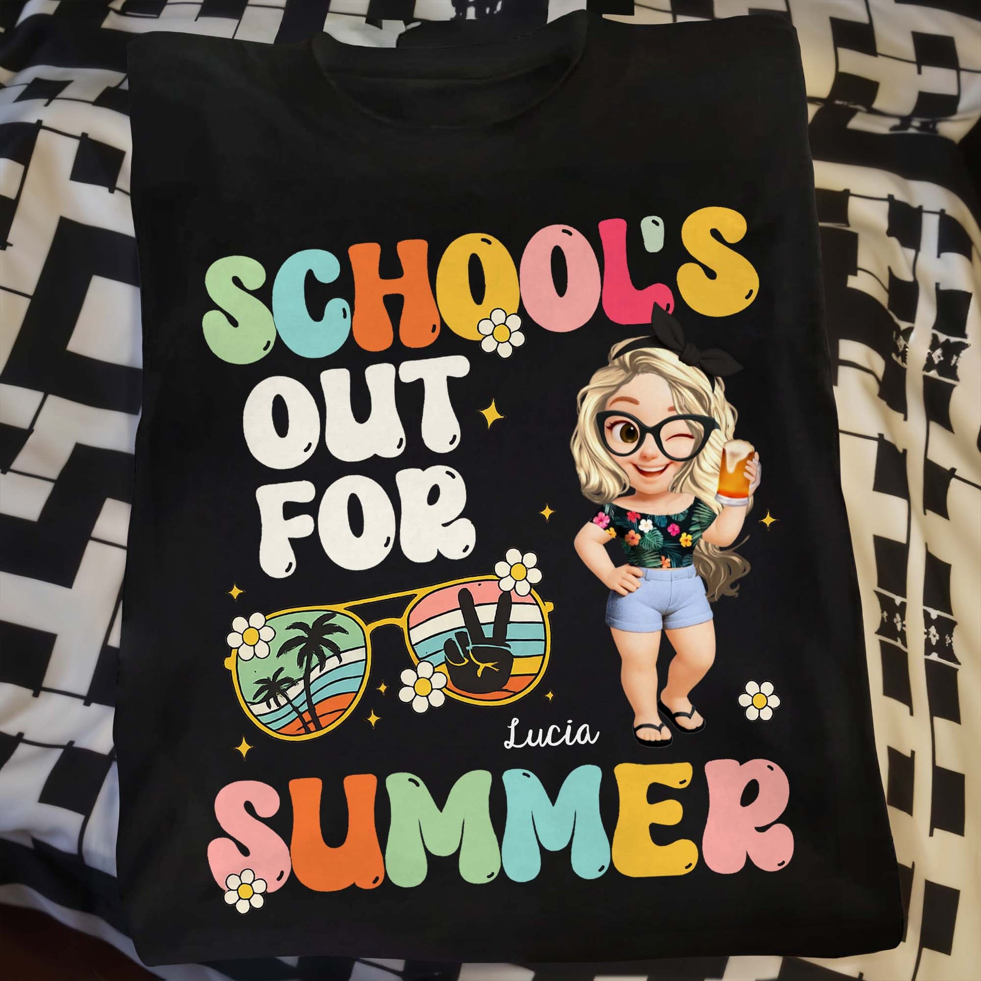 School's Out For Summer With Cartoon and Palm Trees