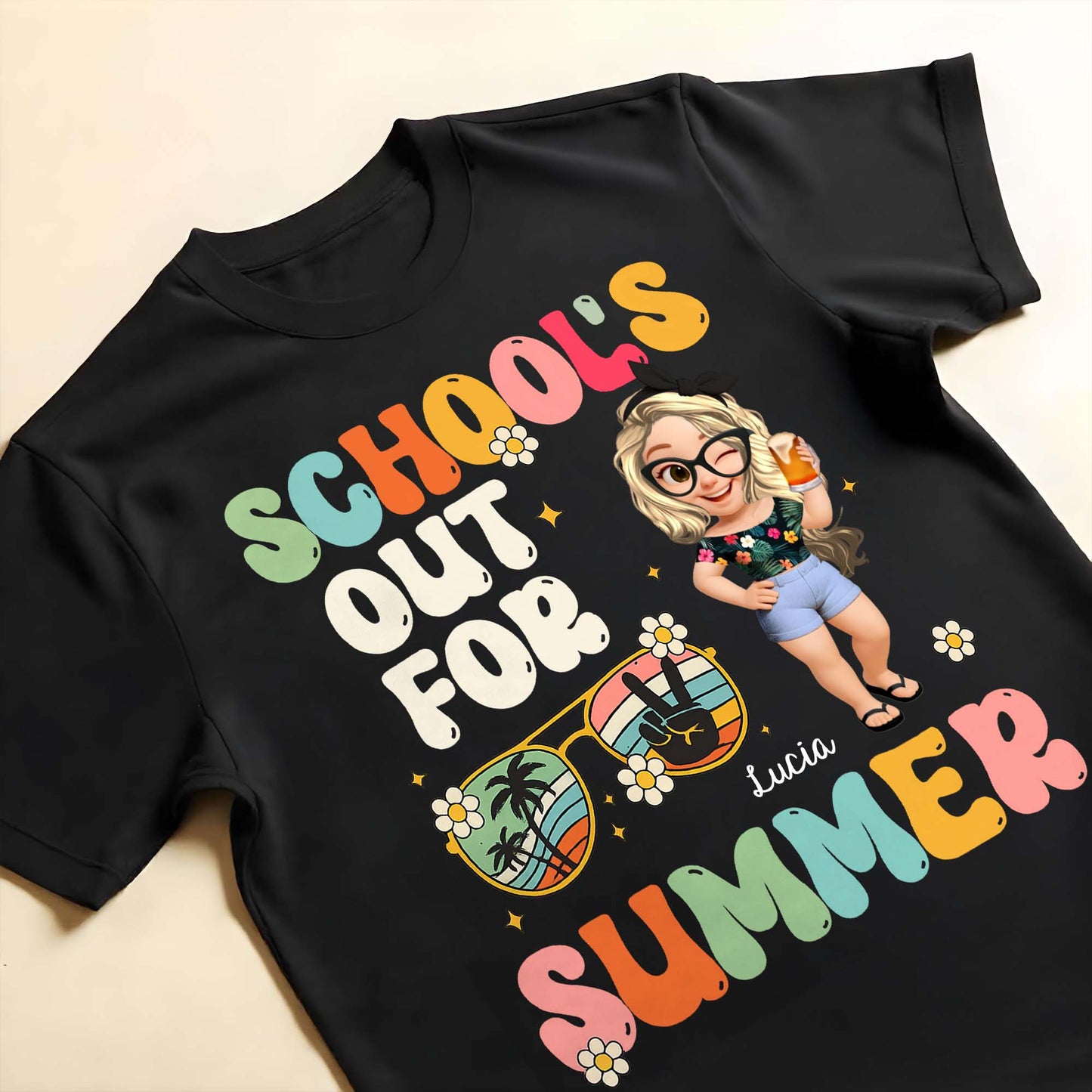 School's Out For Summer With Cartoon and Palm Trees