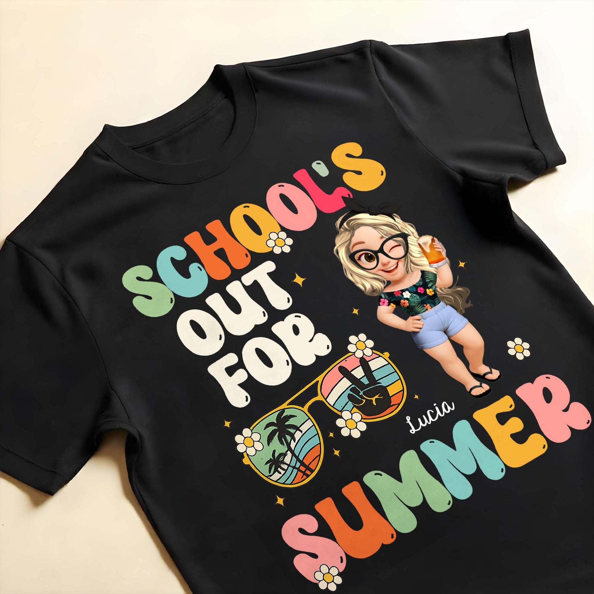 School's Out For Summer With Cartoon and Palm Trees