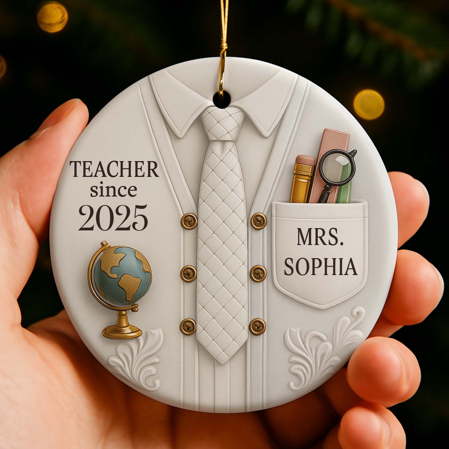 Teacher Since, Shirt and Tie Design - Personalized Custom Ceramic Ornament With Round Shape - TEACH029_RCE