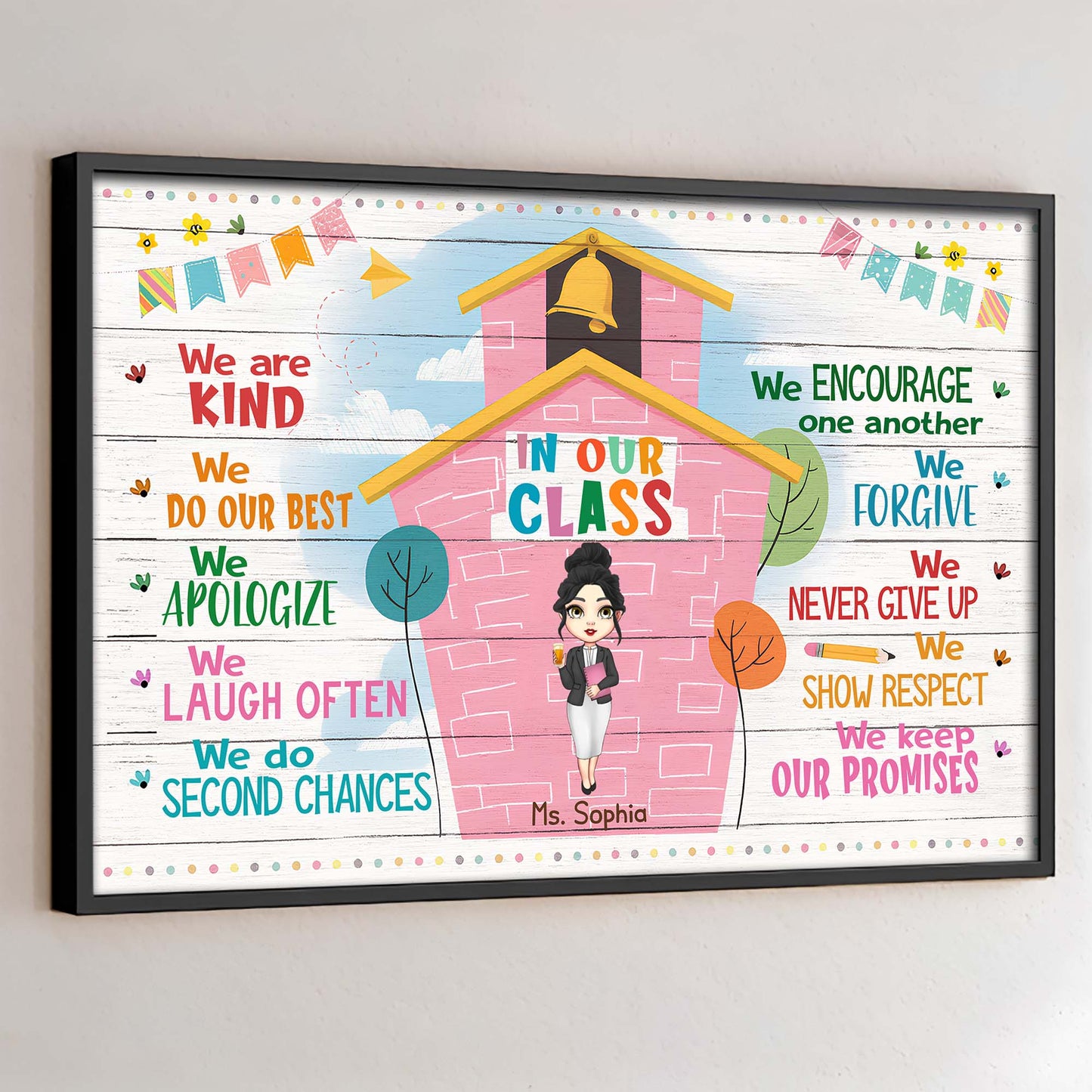 Values We Cultivate In Our Class, Schoolhouse and Animated Teacher