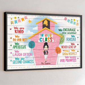 Values We Cultivate In Our Class, Schoolhouse and Animated Teacher