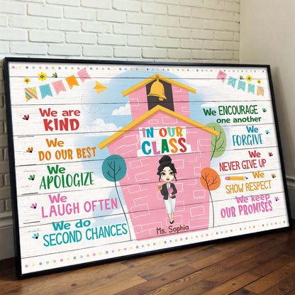 Values We Cultivate In Our Class, Schoolhouse and Animated Teacher