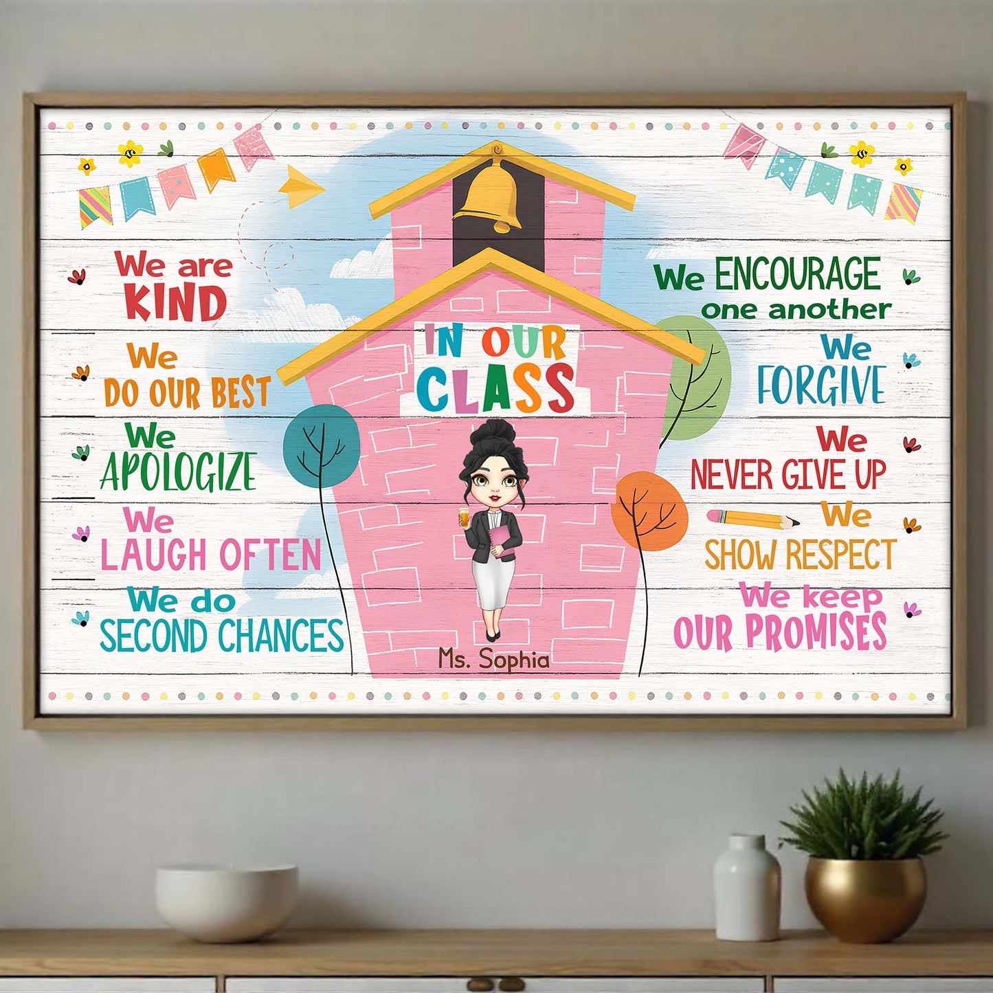 Values We Cultivate In Our Class, Schoolhouse and Animated Teacher