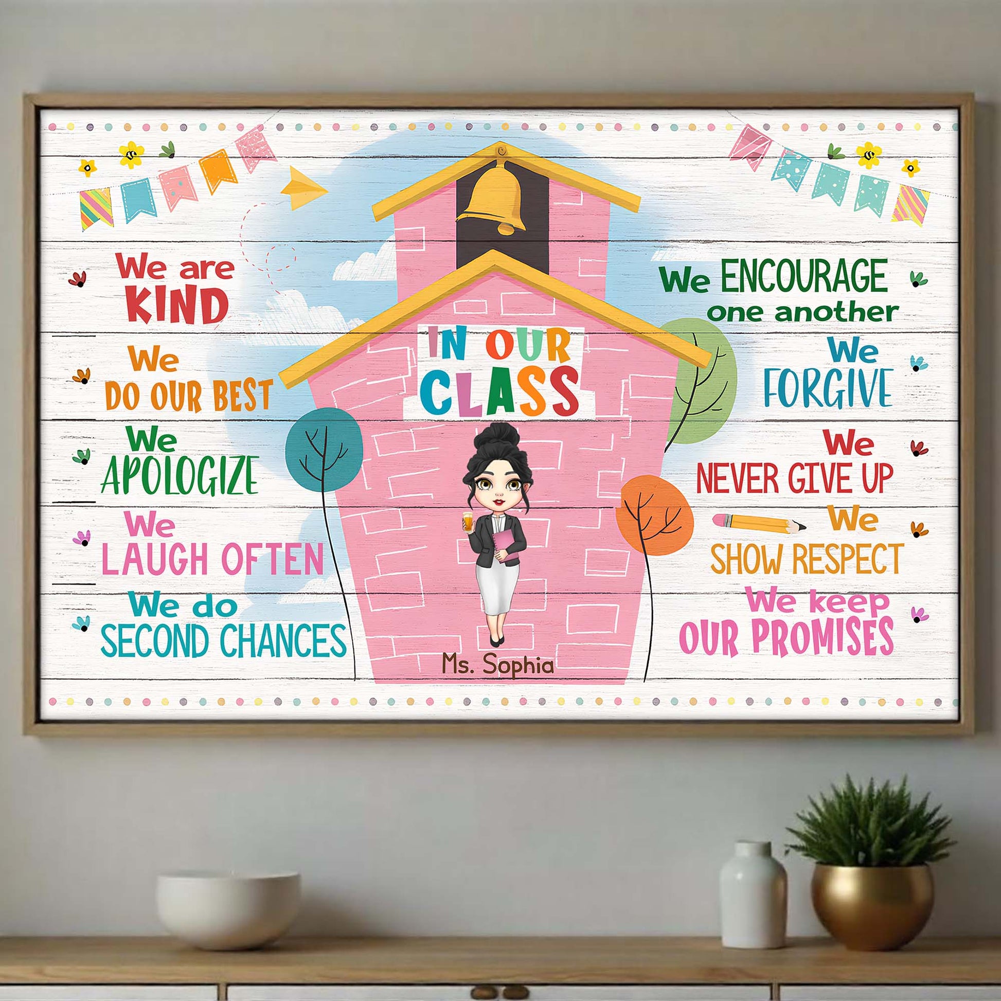 Values We Cultivate In Our Class, Schoolhouse and Animated Teacher