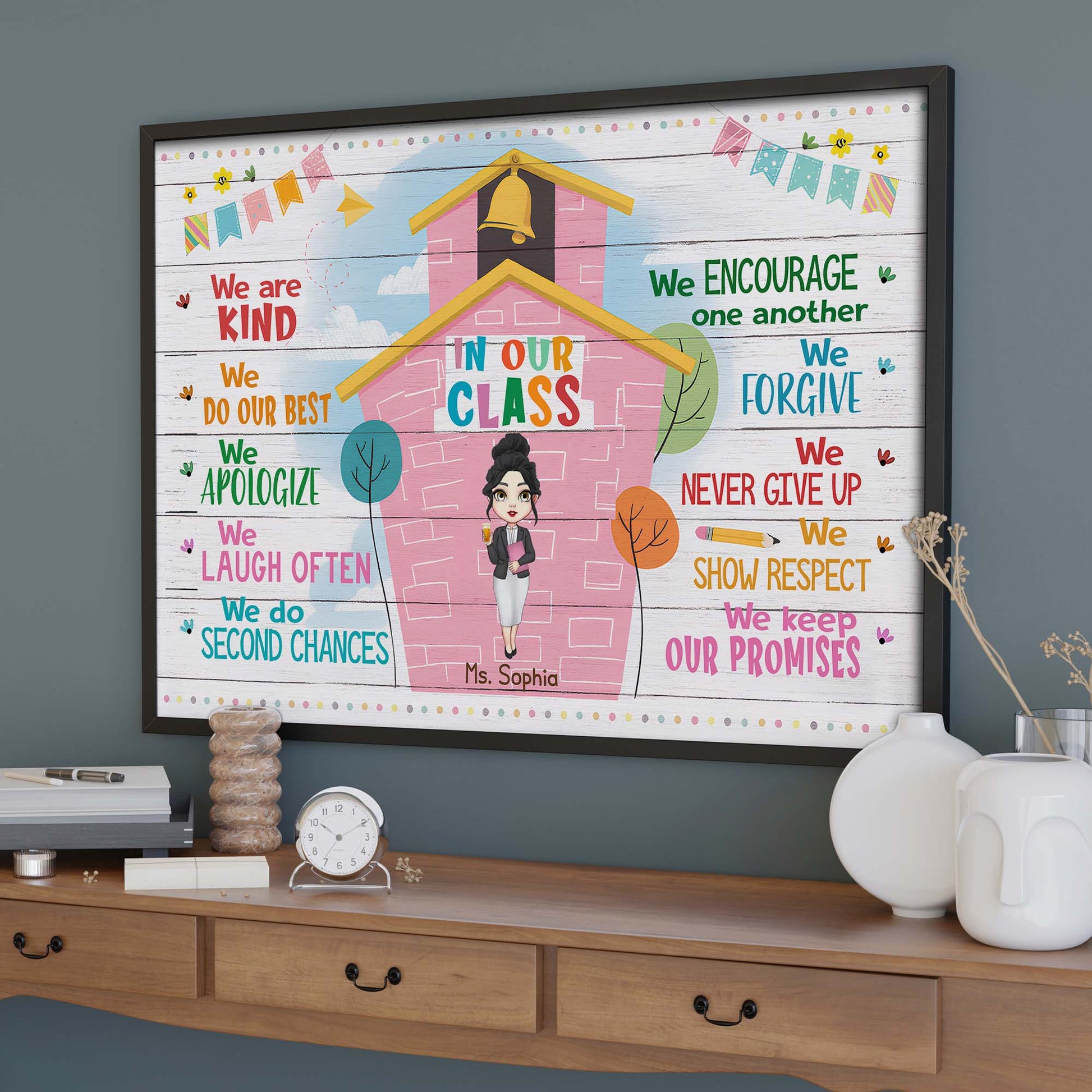 Values We Cultivate In Our Class, Schoolhouse and Animated Teacher