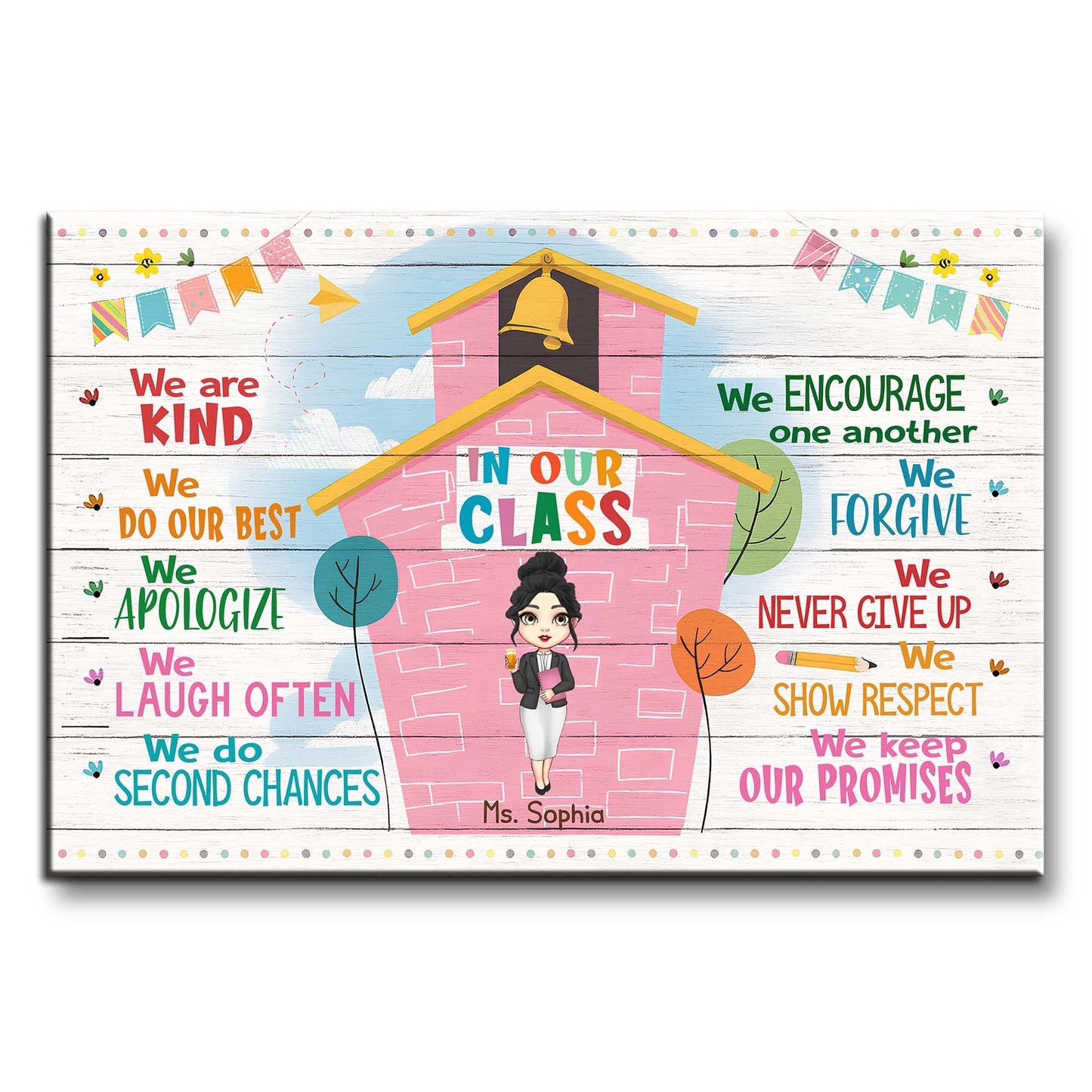 Values We Cultivate In Our Class, Schoolhouse and Animated Teacher