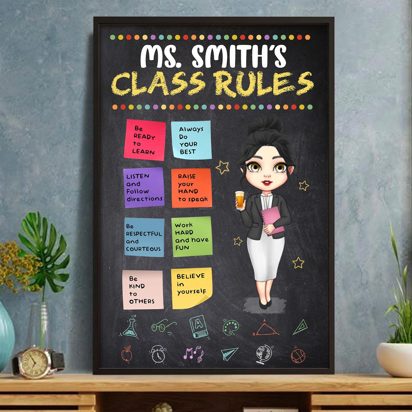 Ms. Smith's Class Rules Blackboard With Animated Teacher
