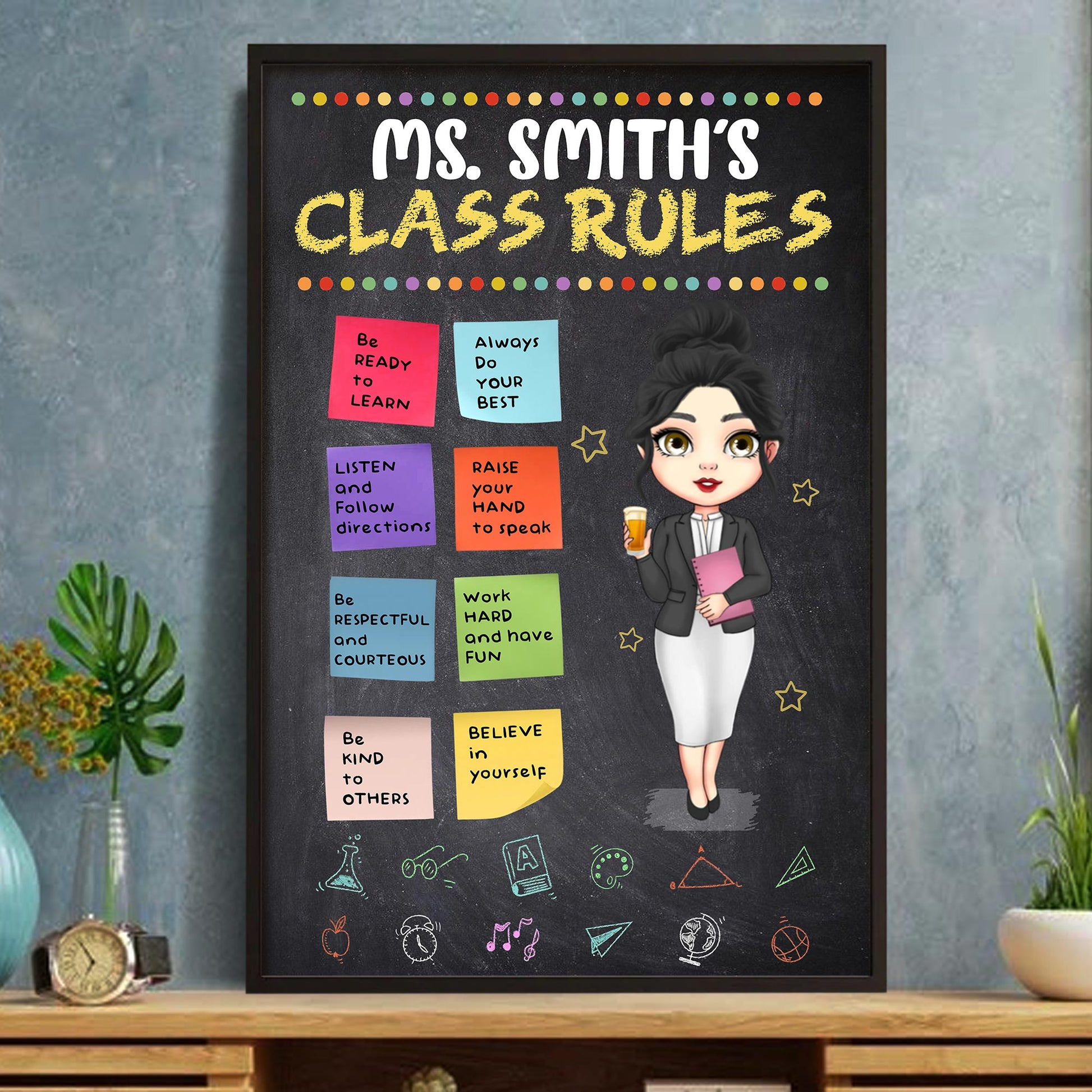 Ms. Smith's Class Rules Blackboard With Animated Teacher
