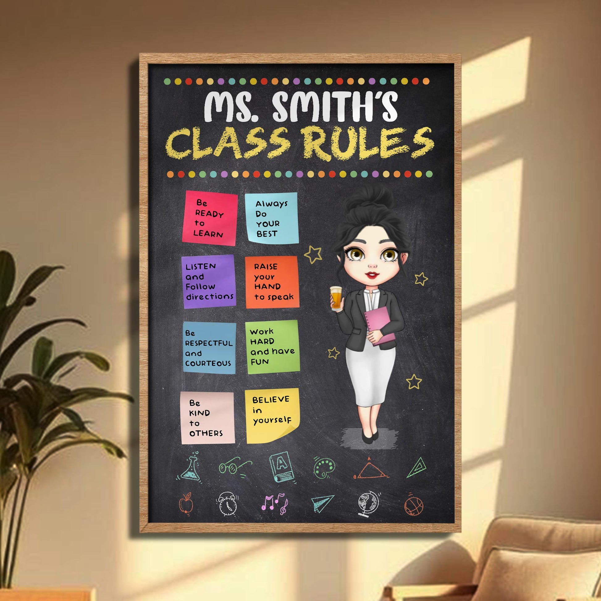 Ms. Smith's Class Rules Blackboard With Animated Teacher