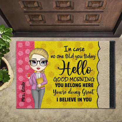 Hello Good Morning, Encouragement Doormat With Cartoon Character