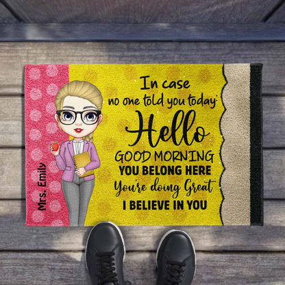 Hello Good Morning, Encouragement Doormat With Cartoon Character