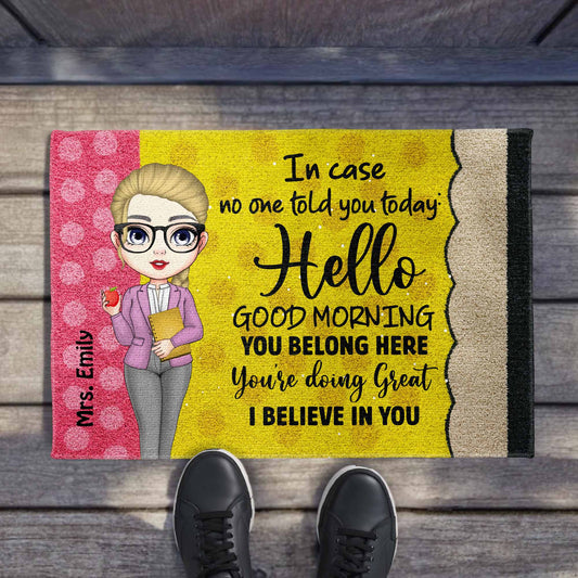 Hello Good Morning, Encouragement Doormat With Cartoon Character
