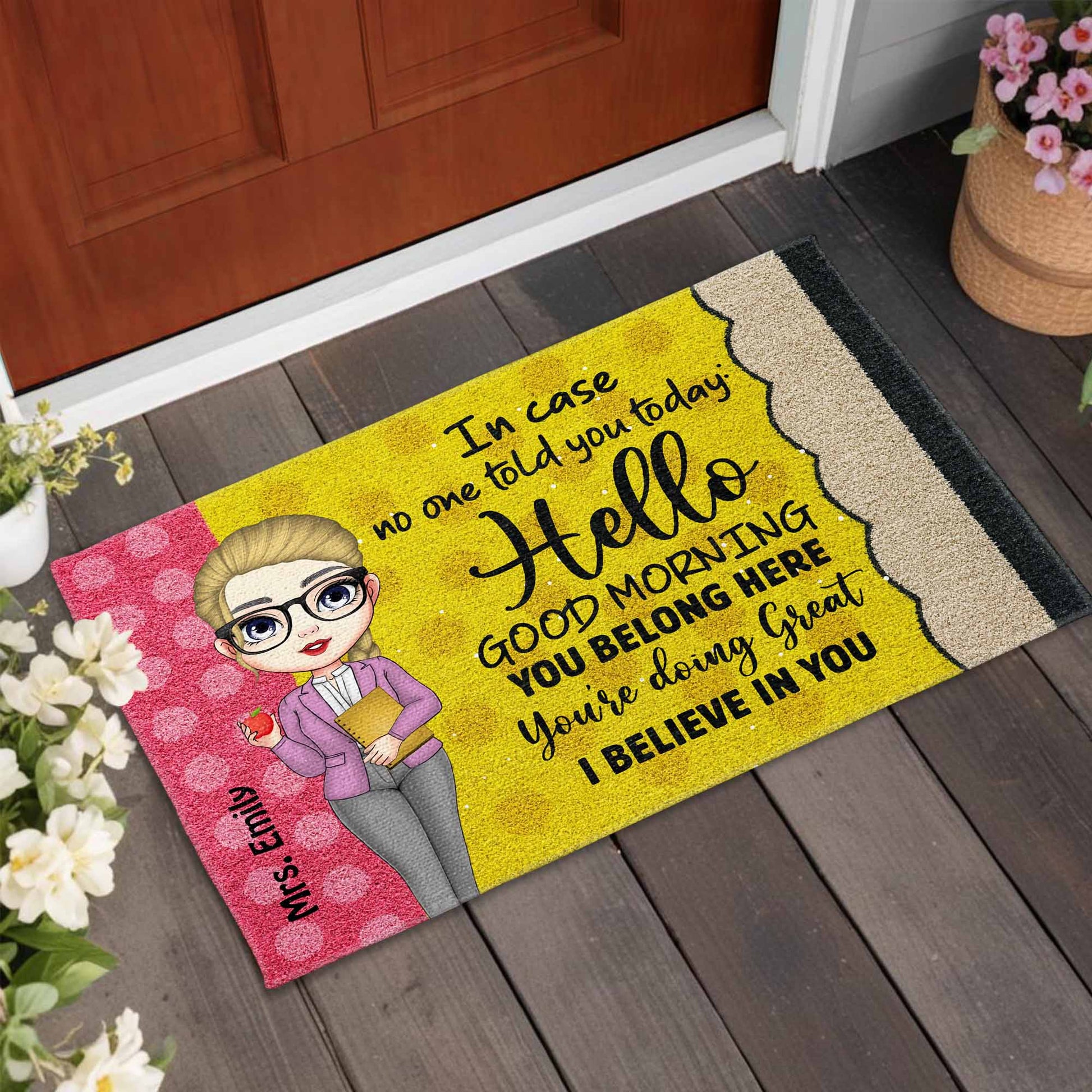 Hello Good Morning, Encouragement Doormat With Cartoon Character
