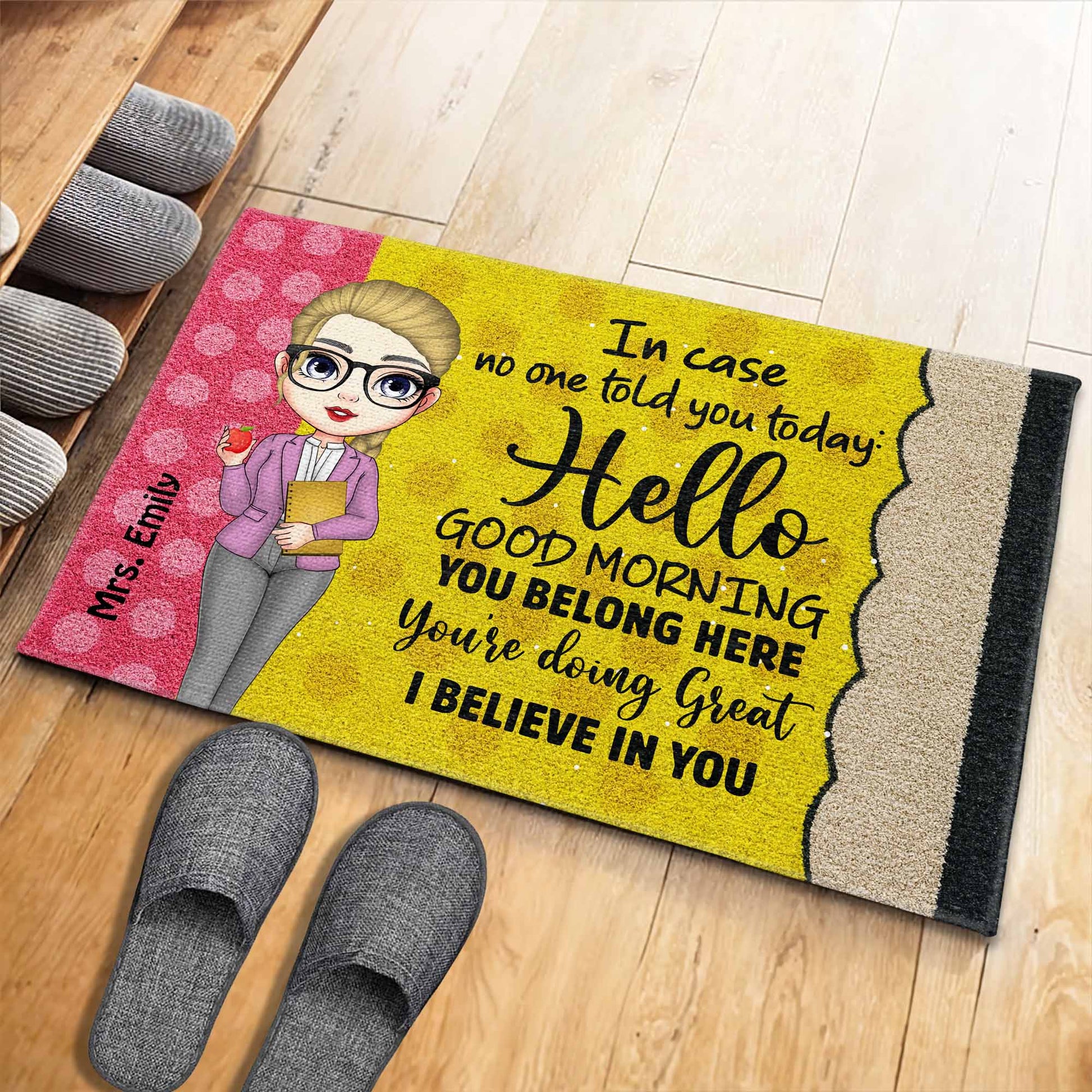 Hello Good Morning, Encouragement Doormat With Cartoon Character