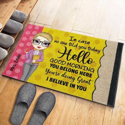 Hello Good Morning, Encouragement Doormat With Cartoon Character