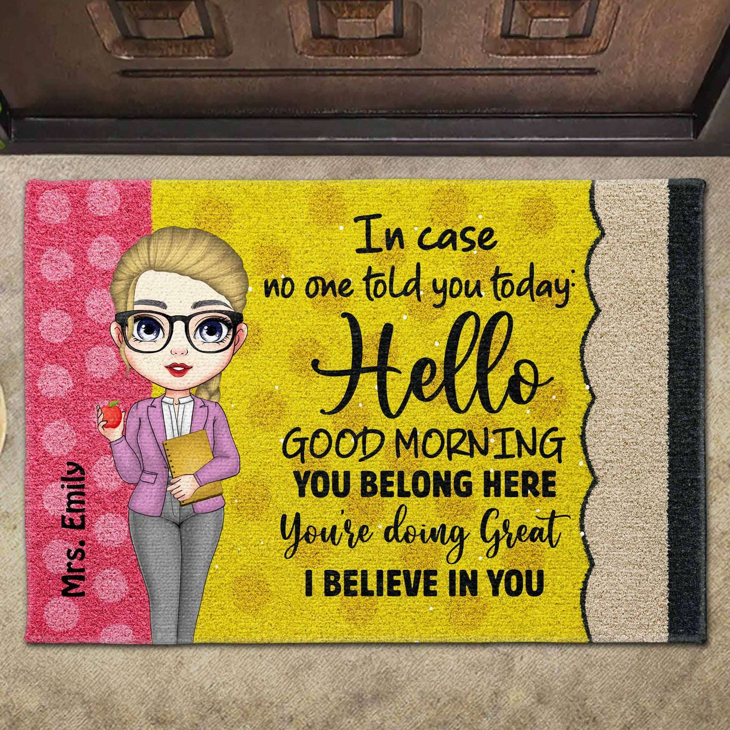 Hello Good Morning, Encouragement Doormat With Cartoon Character