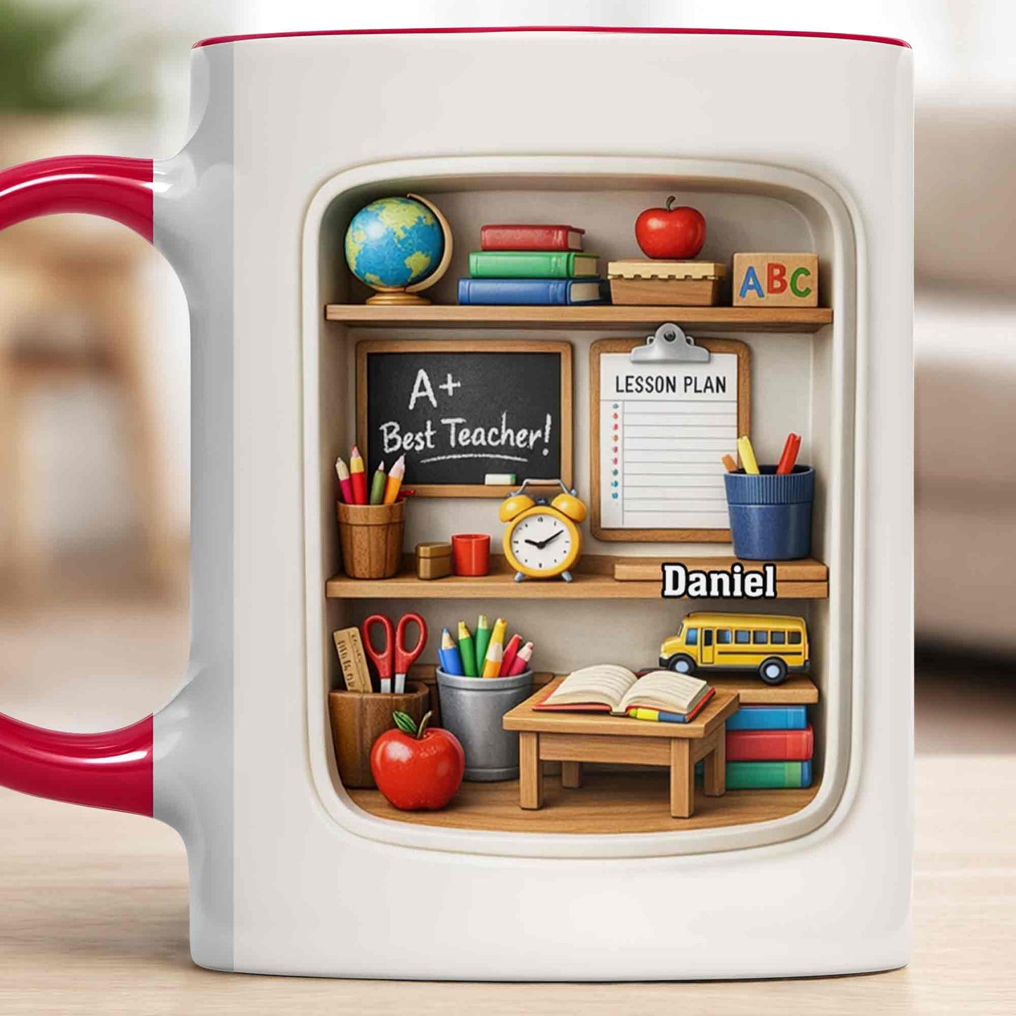 A+ Best Teacher Bookshelf With Apple And School Bus