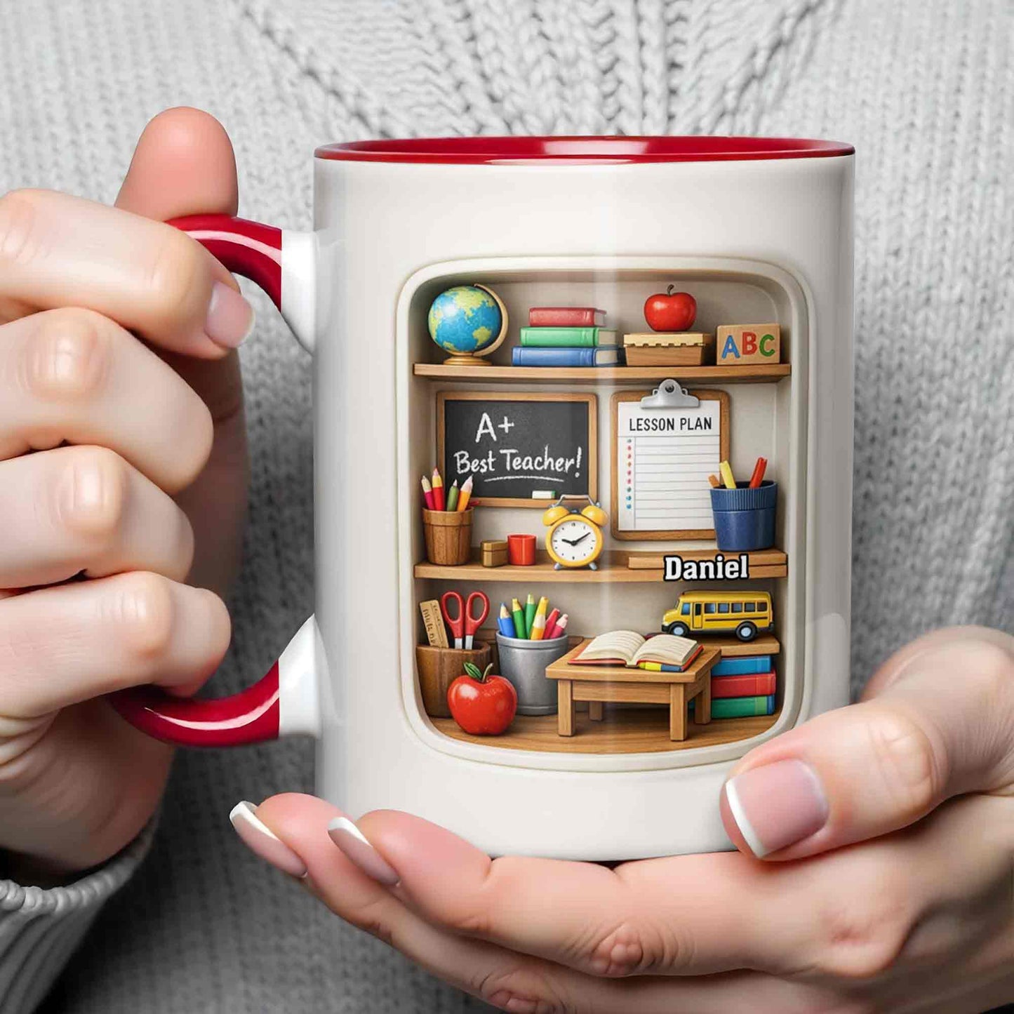 A+ Best Teacher Bookshelf With Apple And School Bus