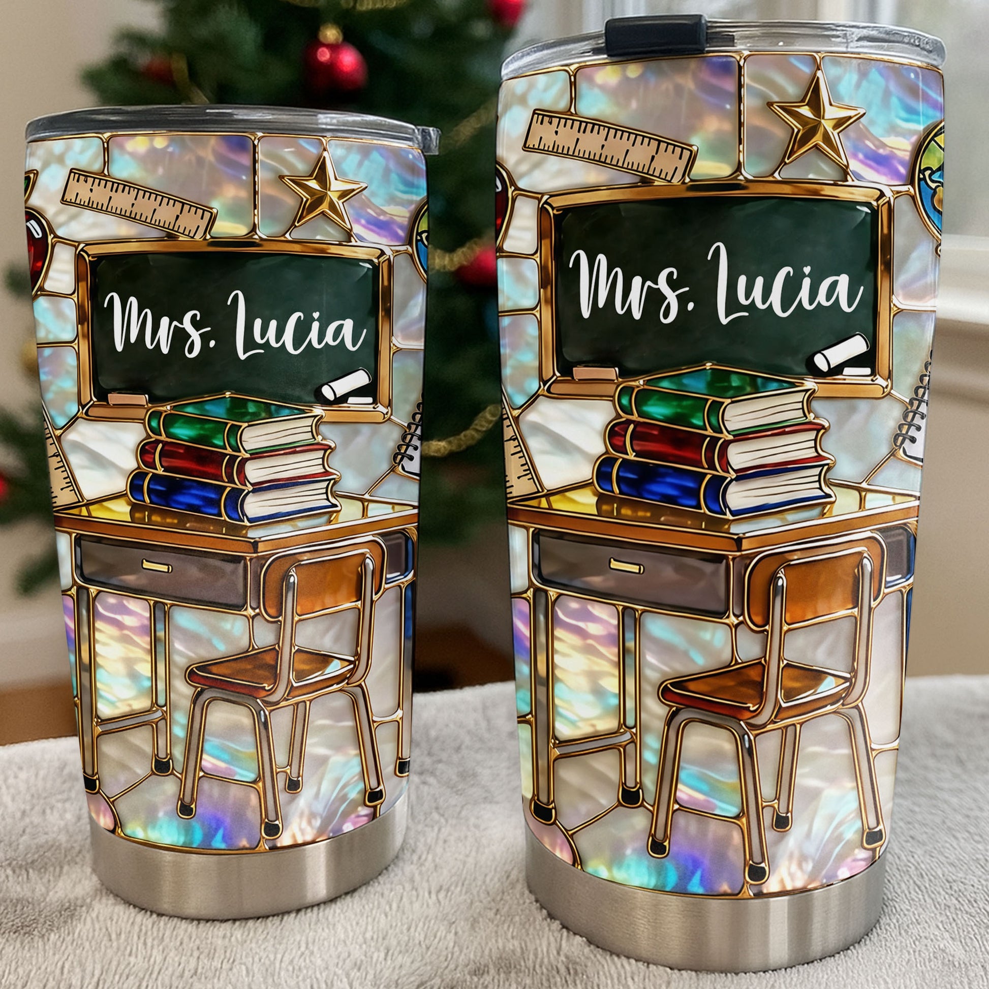 My Classroom With Books And Chalkboard Stained Glass Style