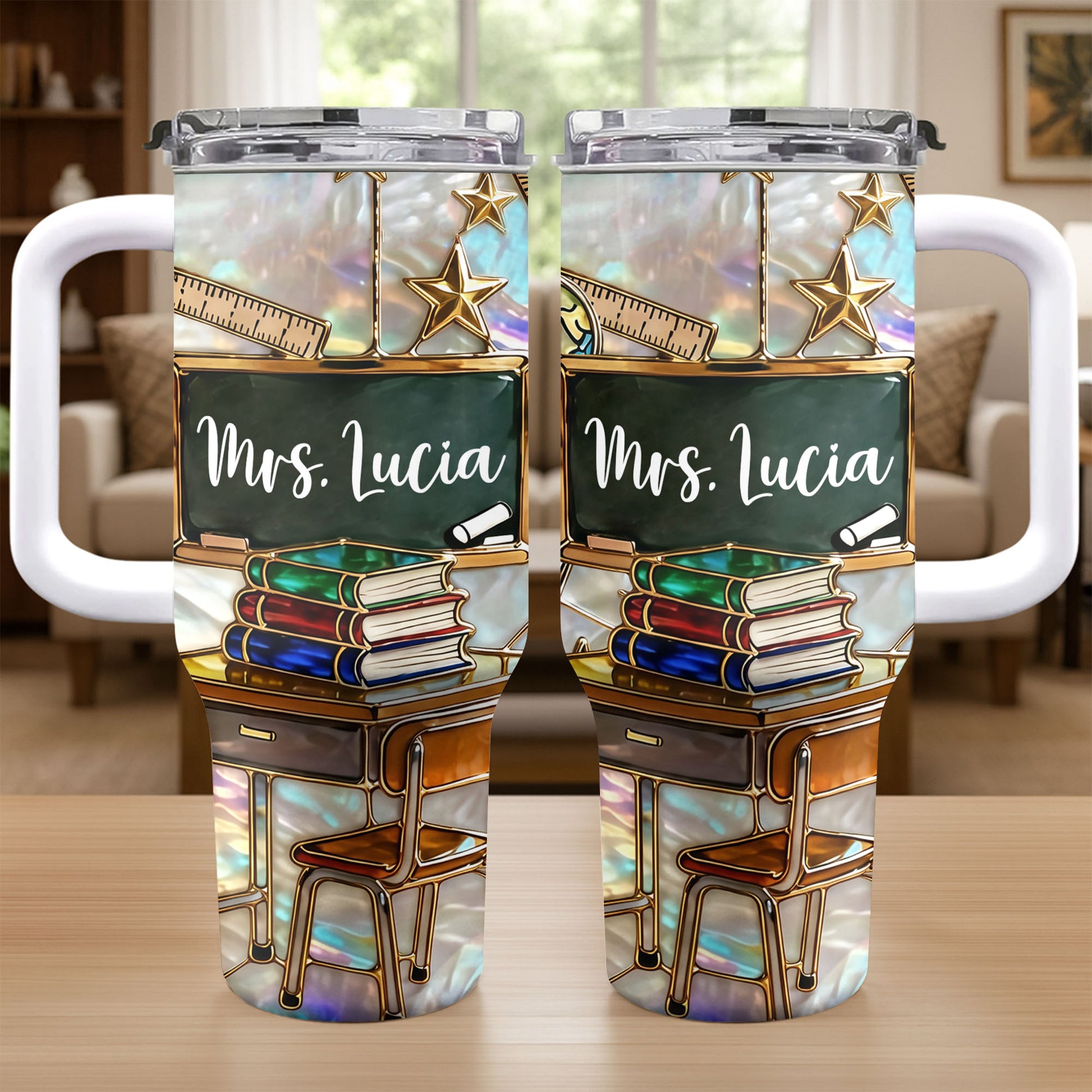 Mrs Teacher With Books Chalkboard And Stars School Design