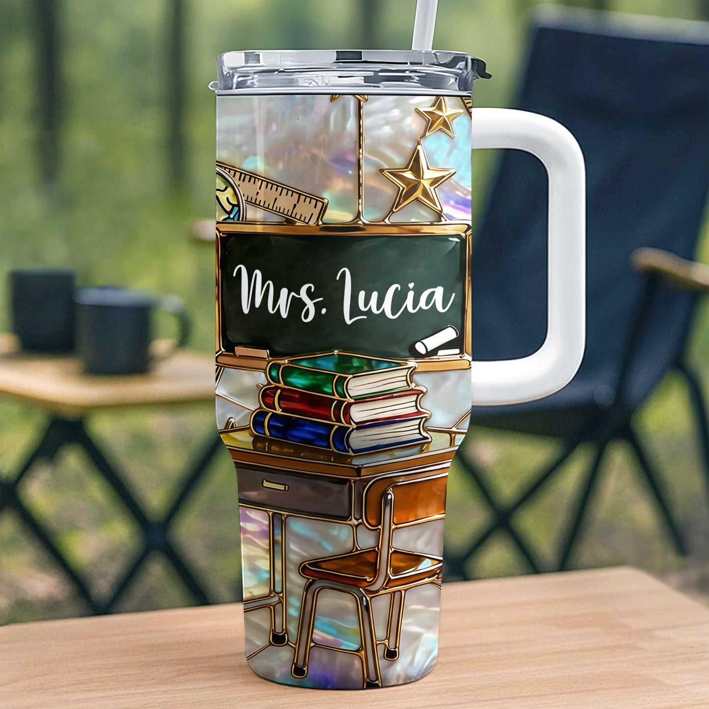 Mrs Teacher With Books Chalkboard And Stars School Design