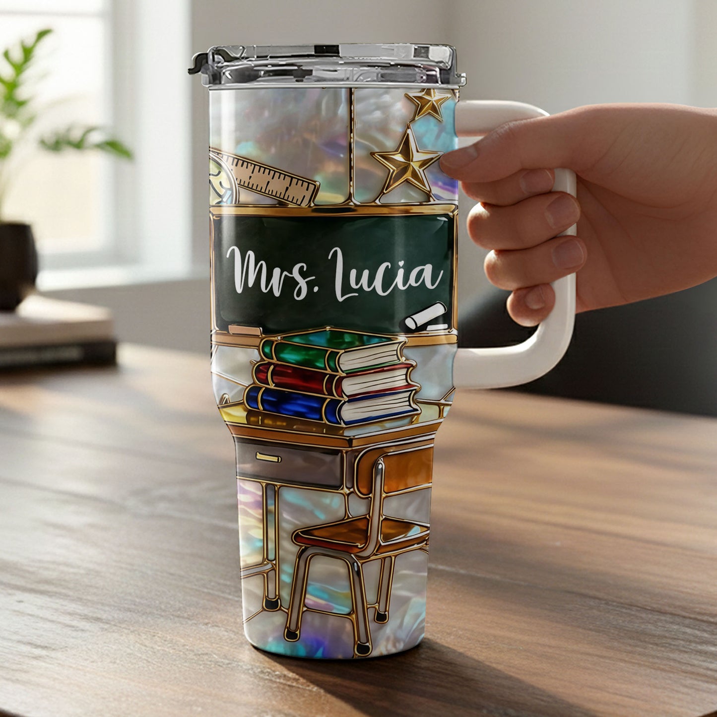 Mrs Teacher With Books Chalkboard And Stars School Design