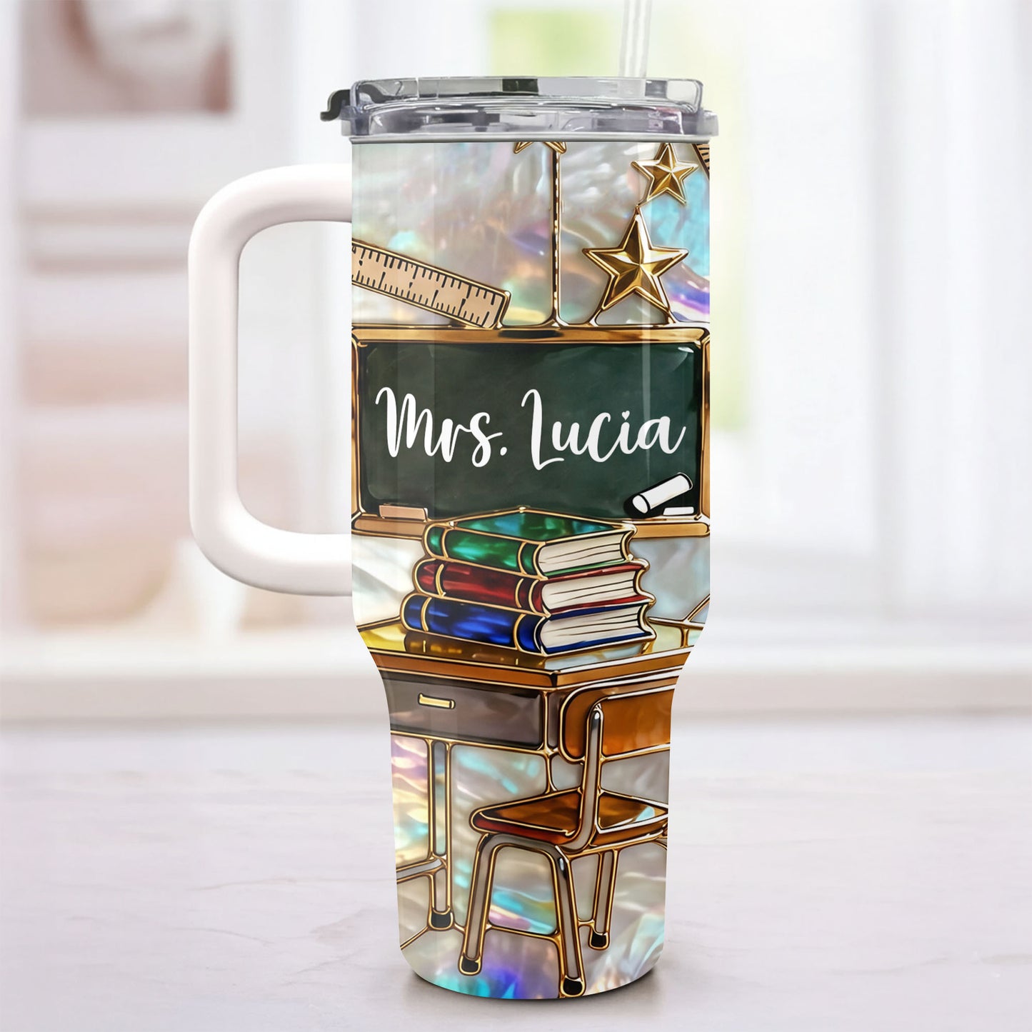 Mrs Teacher With Books Chalkboard And Stars School Design