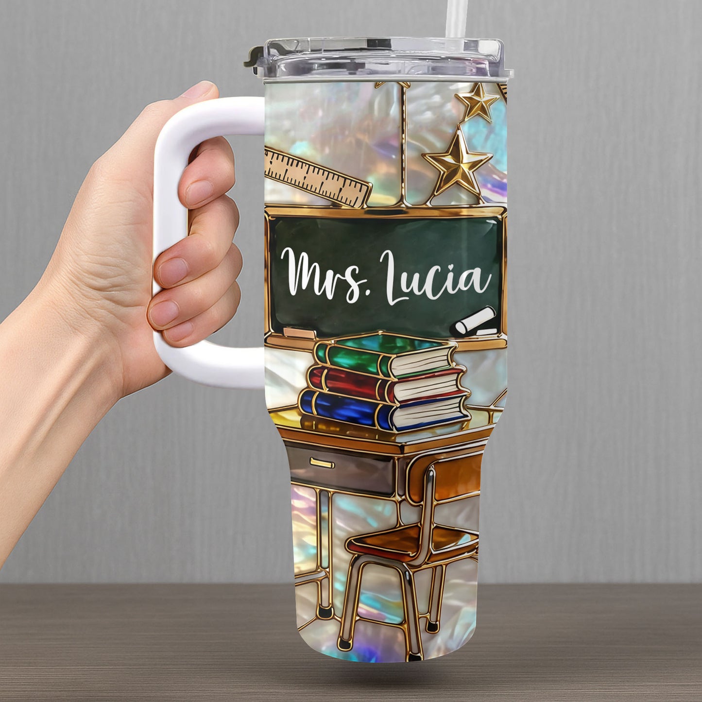 Mrs Teacher With Books Chalkboard And Stars School Design