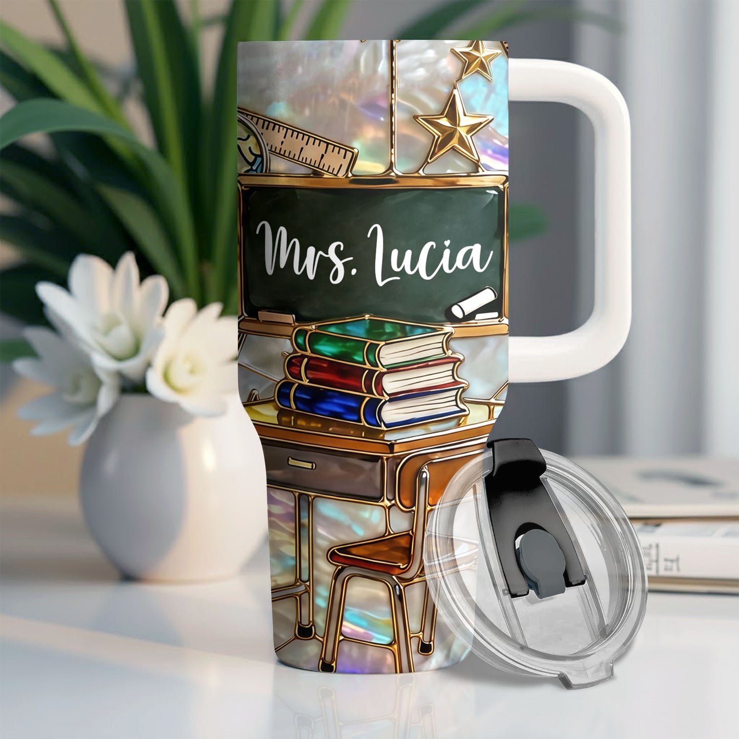 Mrs Teacher With Books Chalkboard And Stars School Design