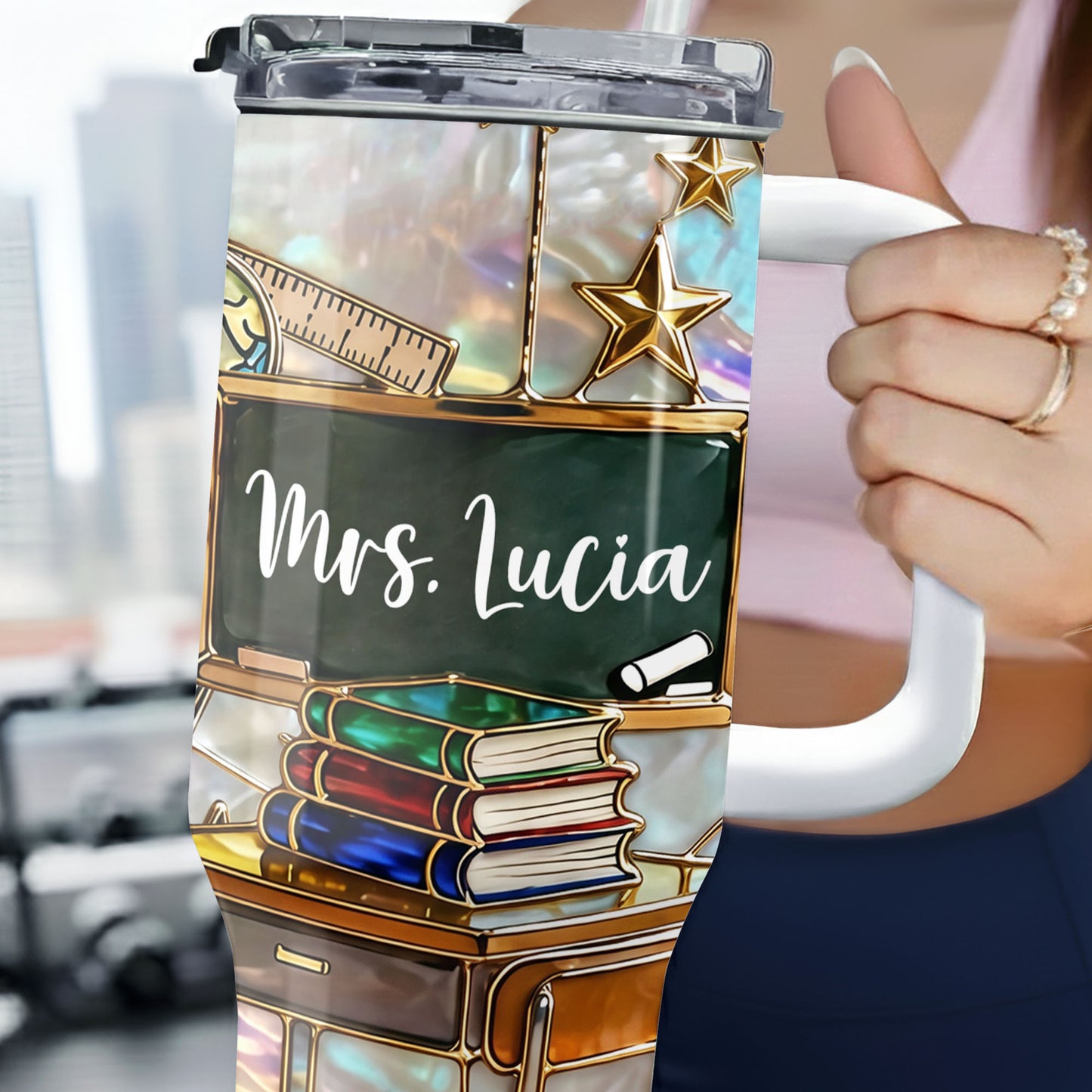 Mrs Teacher With Books Chalkboard And Stars School Design