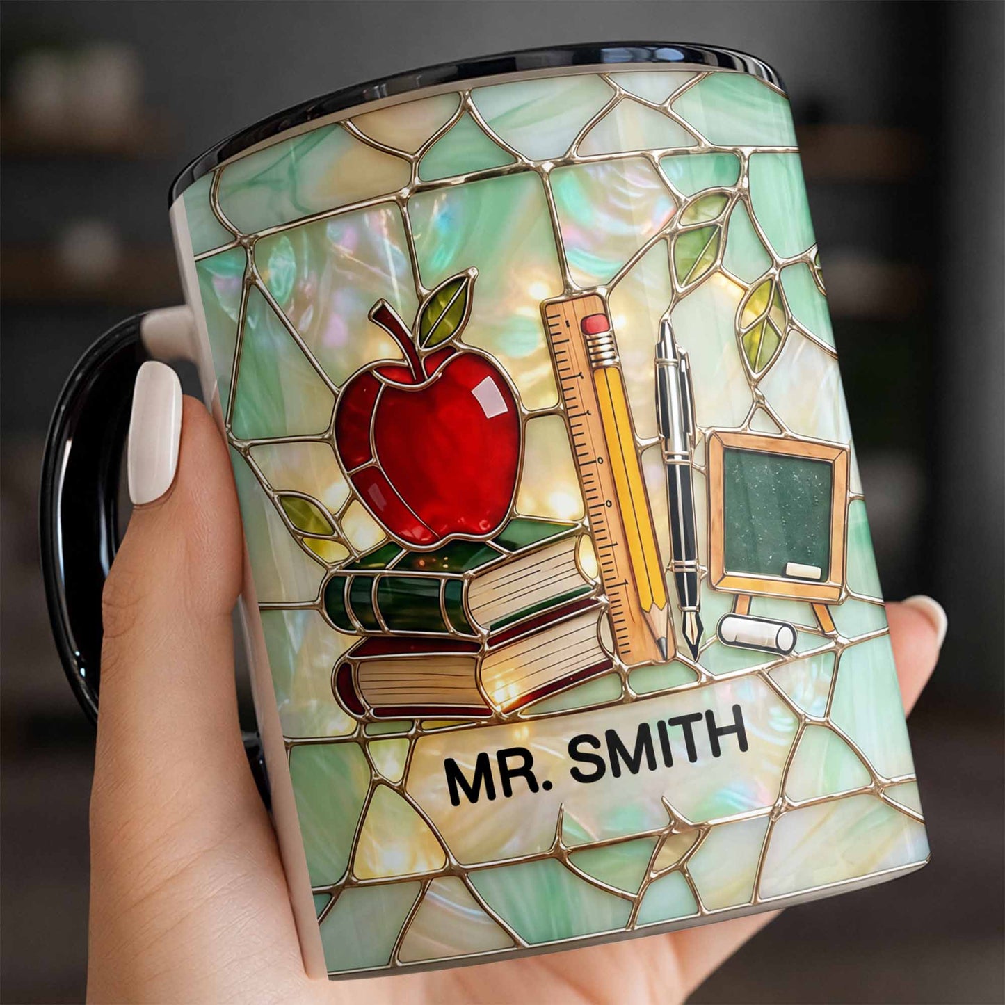An Apple For The Teacher Stained Glass Design With Books And Ruler - Personalized Custom Accent Mug - TEACH071_AMUG