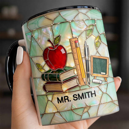 An Apple For The Teacher Stained Glass Design With Books And Ruler - Personalized Custom Accent Mug - TEACH071_AMUG