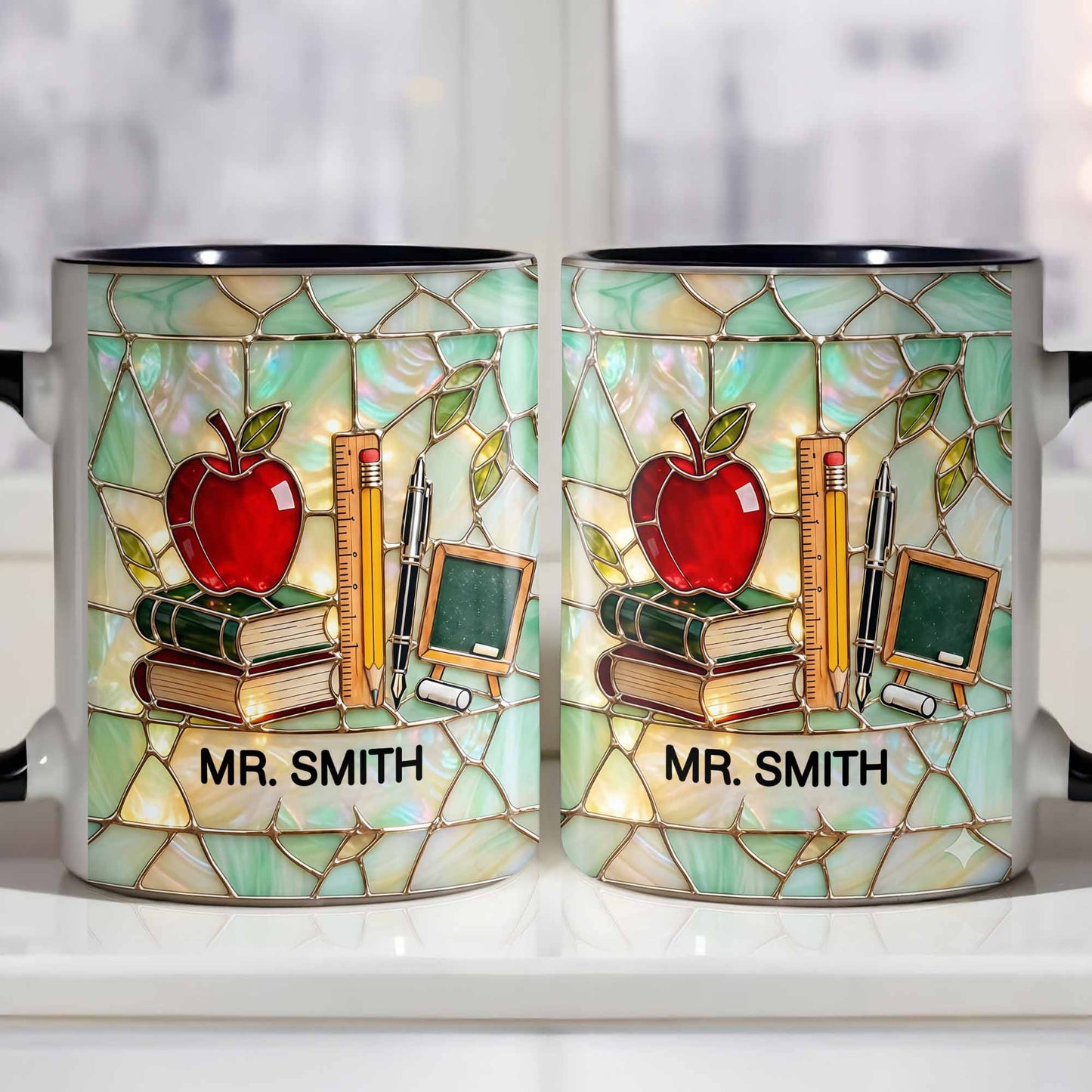 An Apple For The Teacher Stained Glass Design With Books And Ruler - Personalized Custom Accent Mug - TEACH071_AMUG