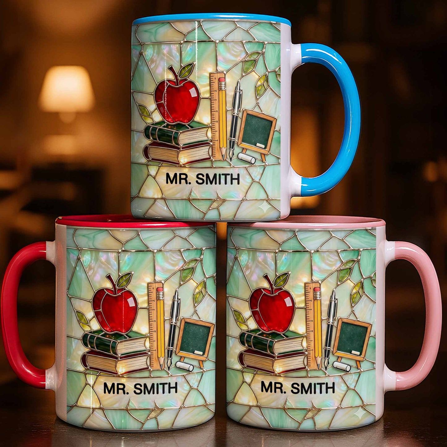 An Apple For The Teacher Stained Glass Design With Books And Ruler - Personalized Custom Accent Mug - TEACH071_AMUG