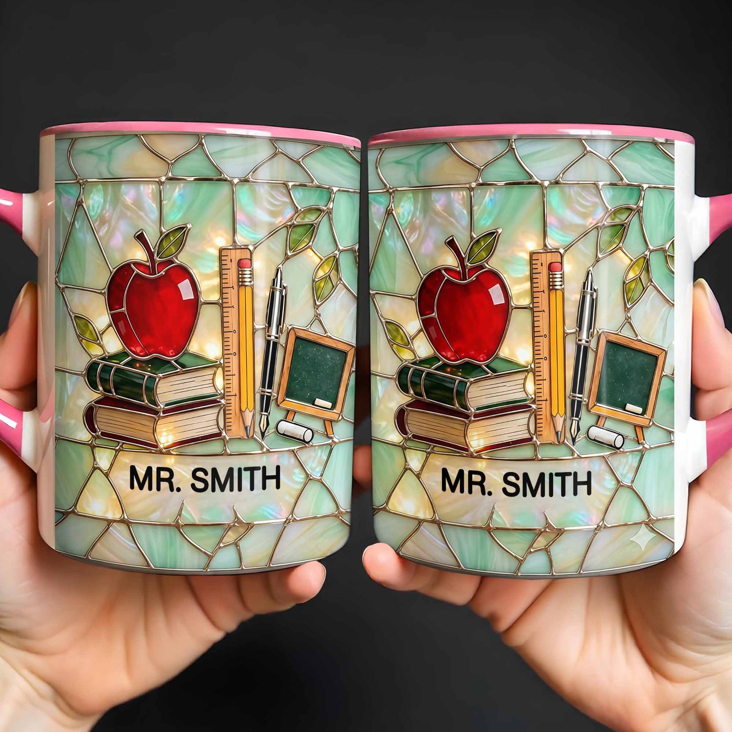 An Apple For The Teacher Stained Glass Design With Books And Ruler - Personalized Custom Accent Mug - TEACH071_AMUG
