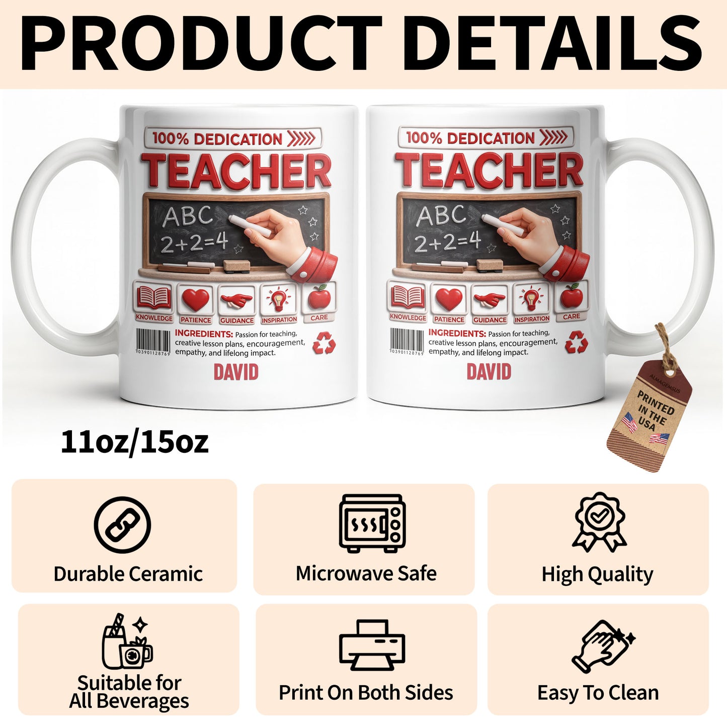 100 Percent Dedication Teacher With Blackboard And 3D Effect Icons - Personalized Custom Coffee Mug - TEACH088_MG